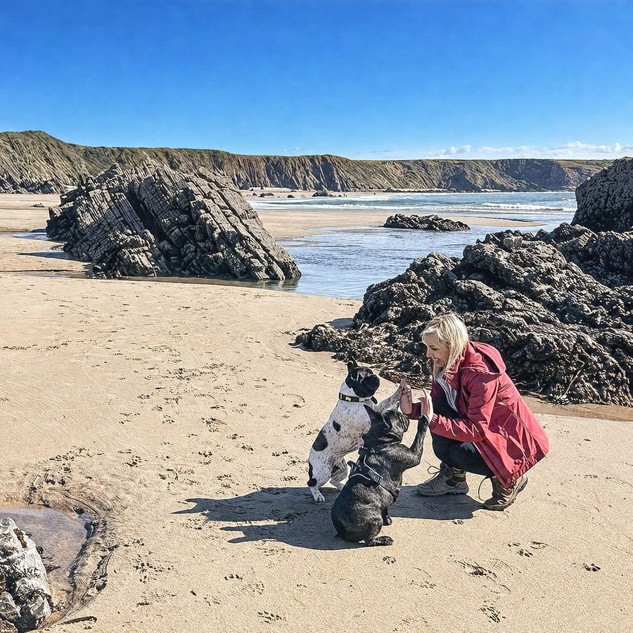 Kat crouching on a wide sandy beach with her two French bulldogs, cliffs and blue sky behind her.